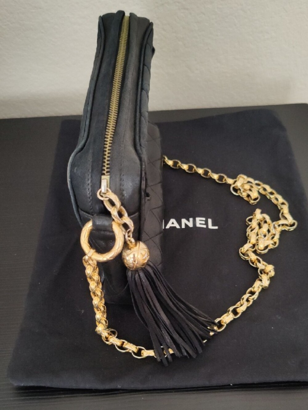 Authentic CHANEL Black Quilted Leather Shoulder Bag with Gold Chain and Tassel - Picture 7 of 12